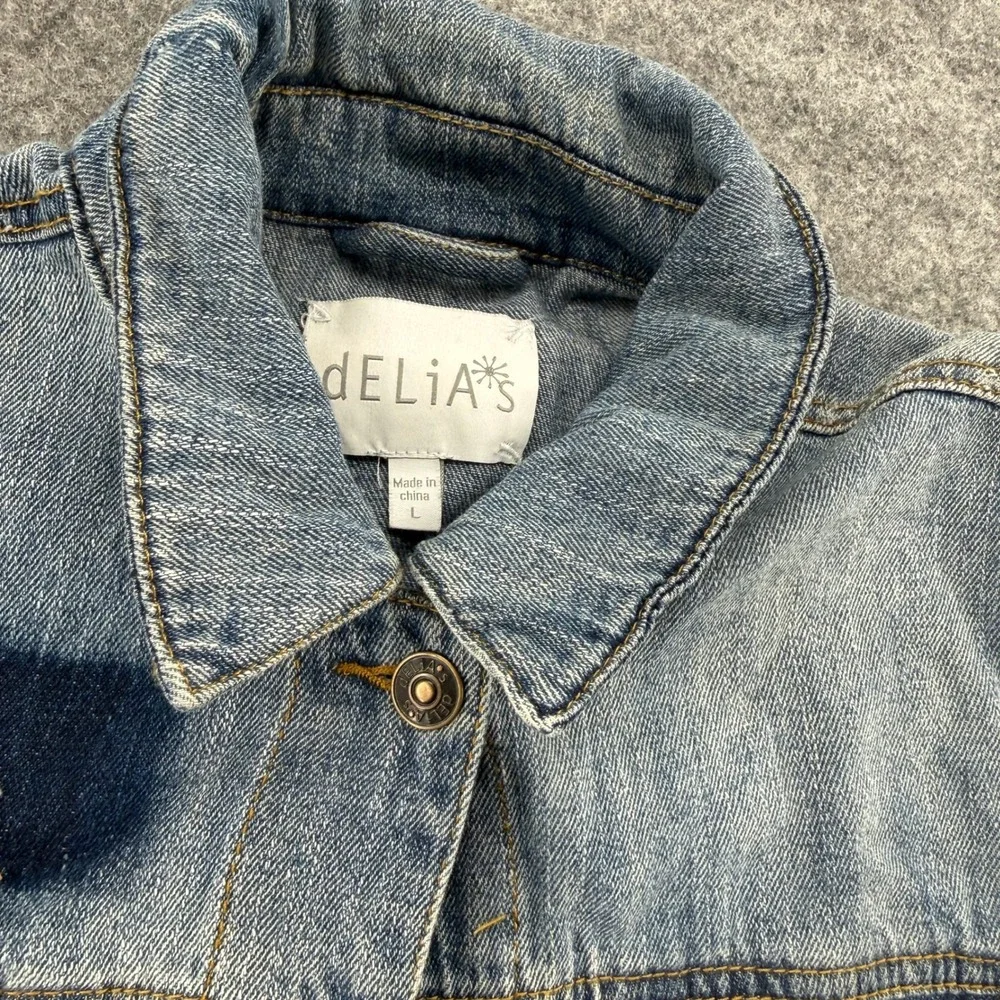dELiA*s Denim Jacket Womens L Blue Patchwork Distressed Trucker Jean Jacket - Picture 4 of 16
